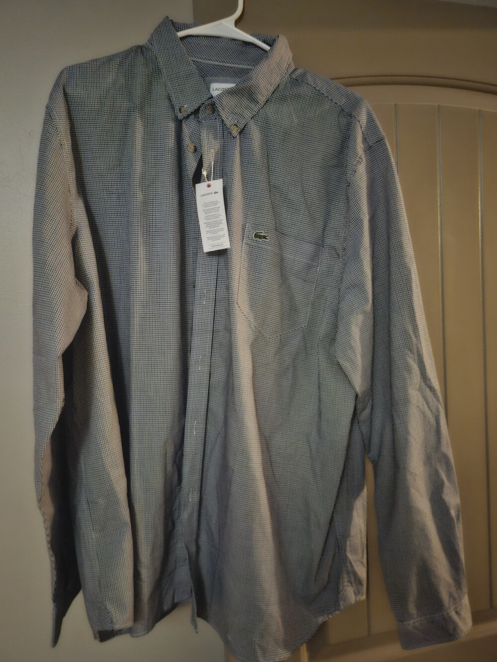 NWT Lacoste Men's Long-Sleeve Button-Down Shirt in Light Blue Micro-Check